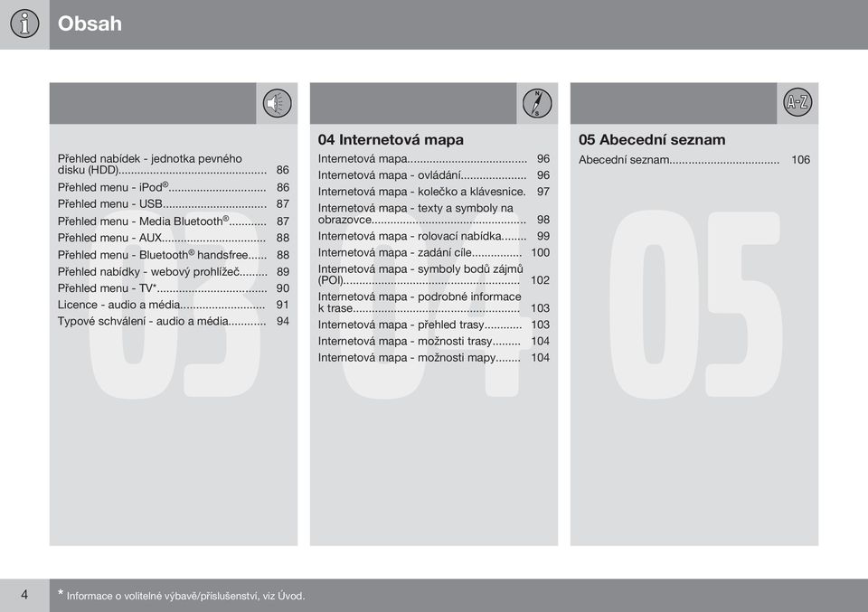 .. 88 Internetová mapa - rolovací nabídka... 99 Přehled menu - Bluetooth handsfree... 88 Internetová mapa - zadání cíle... 100 Přehled nabídky - webový prohlížeč.