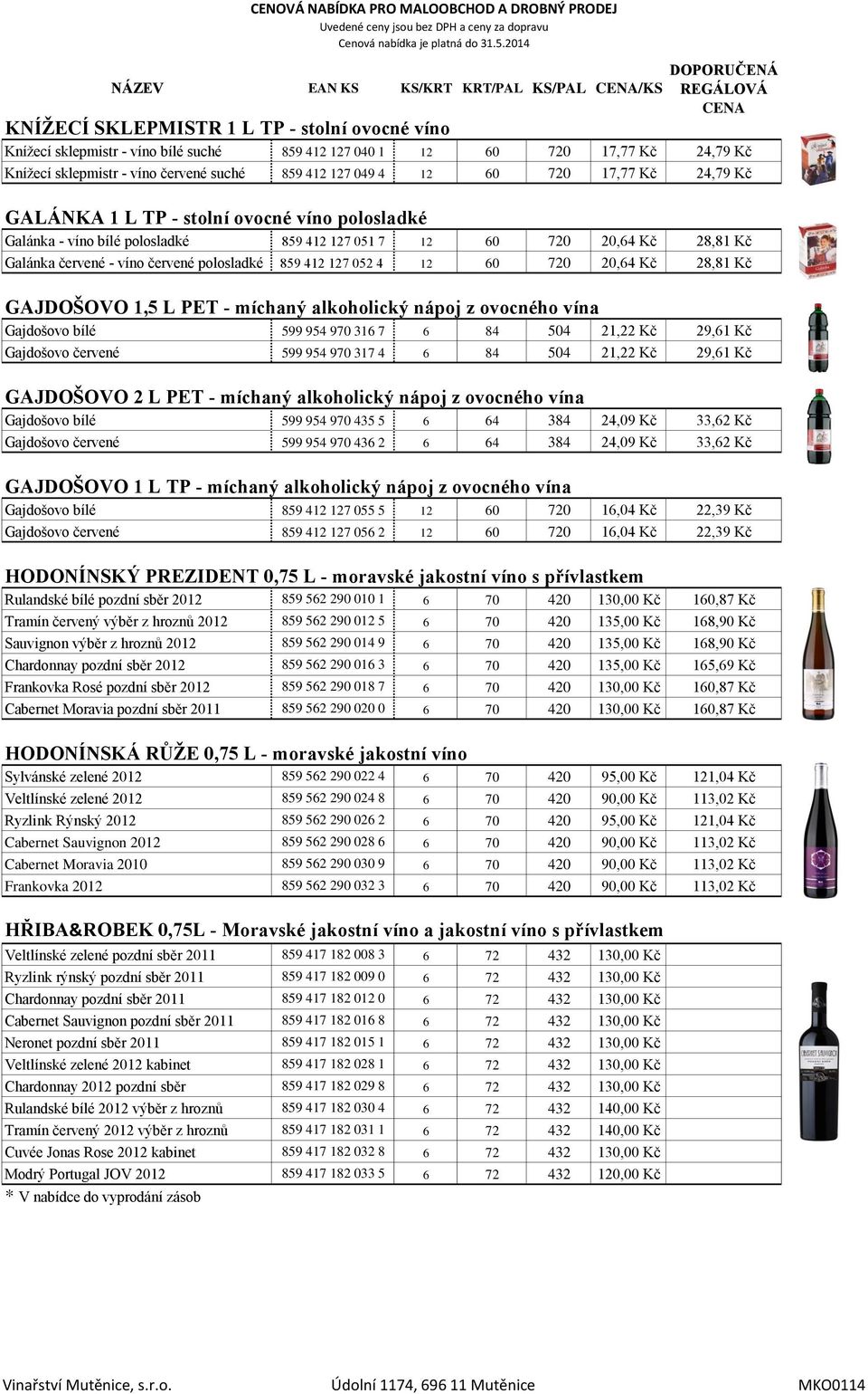 - víno červené polosladké 859 412 127 052 4 12 60 720 20,64 Kč 28,81 Kč GAJDOŠOVO 1,5 L PET - míchaný alkoholický nápoj z ovocného vína Gajdošovo bílé 599 954 970 316 7 6 84 504 21,22 Kč 29,61 Kč