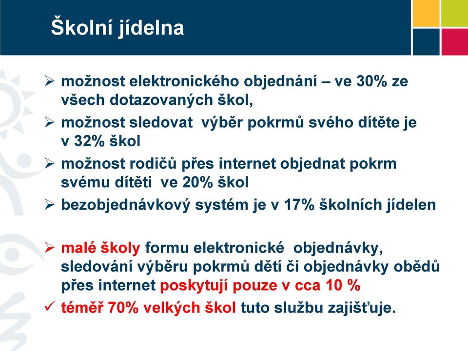 bezobjednávkový systém je v 17% školních jídelen malé školy formu elektronické objednávky, sledování výběru