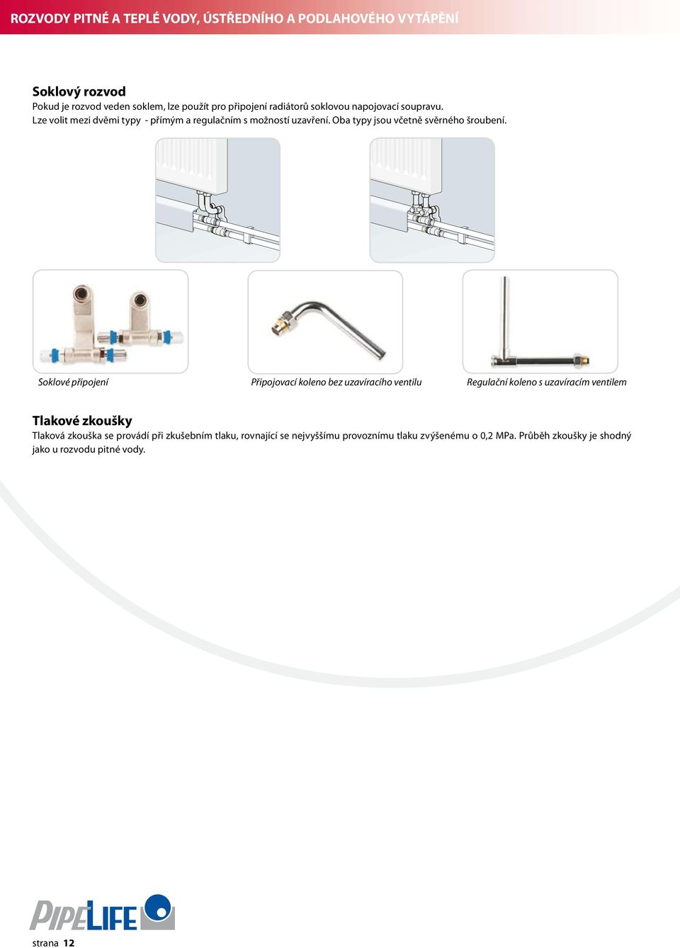 Soklové připojení Připojovací koleno bez uzavíracího ventilu Regulační koleno s uzavíracím ventilem Tlakové zkoušky Tlaková zkouška se