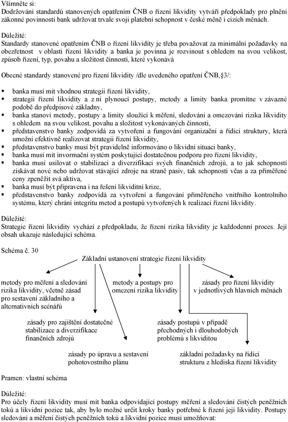 způsob řízení, typ, povahu a složitost činností, které vykonává Obecné standardy stanovené pro řízení likvidity /dle uvedeného opatření ČNB, 3/: banka musí mít vhodnou strategii řízení likvidity,