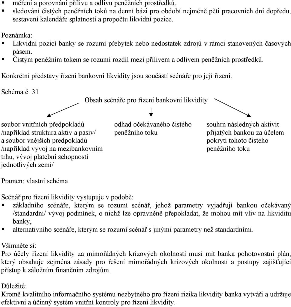 Čistým peněžním tokem se rozumí rozdíl mezi přílivem a odlivem peněžních prostředků. Konkrétní představy řízení bankovní likvidity jsou součástí scénáře pro její řízení. Schéma č.