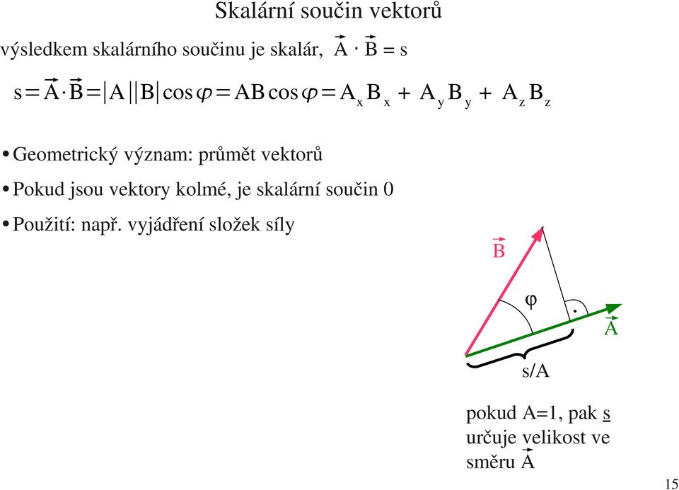 průmět vektorů Pokud jsou vektory kolmé, je skalární součin 0 Použití: