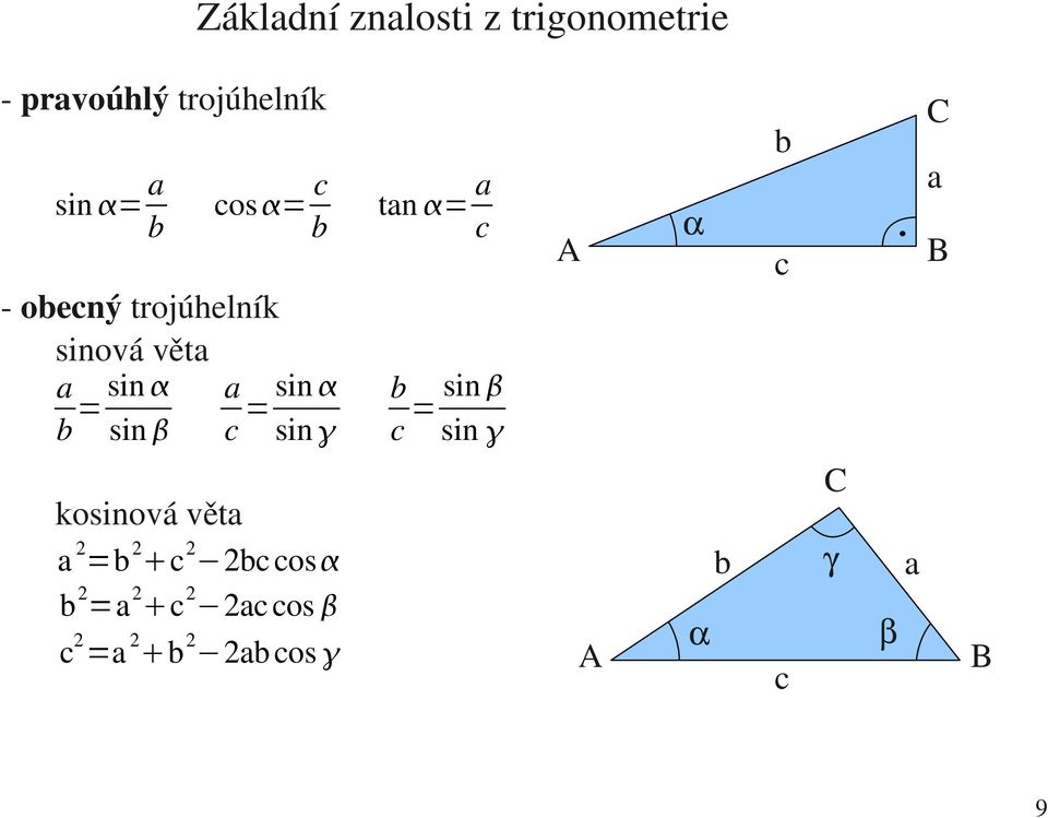 sin sin tan = a c b c = sin sin A b c C a B kosinová věta a 2 =b