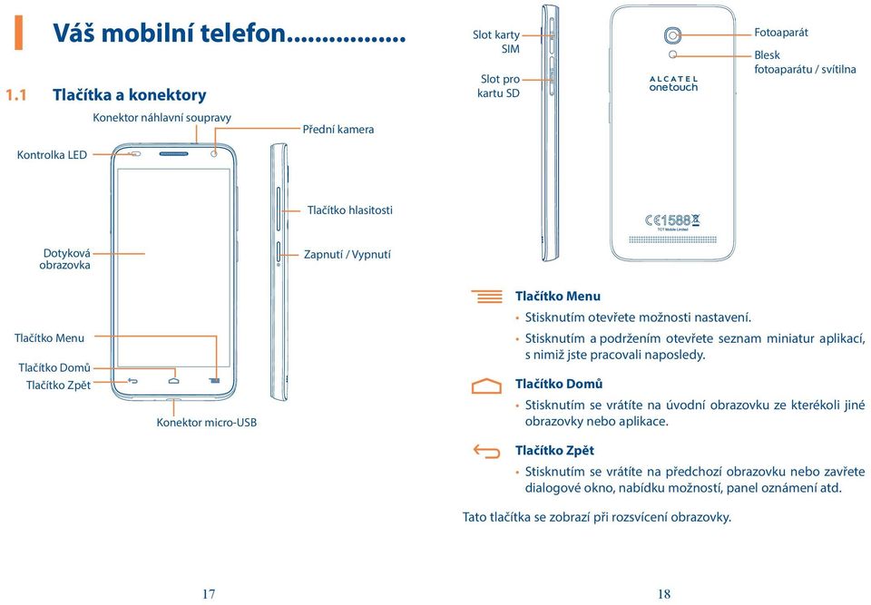 obrazovka Zapnutí / Vypnutí Tlačítko Menu Tlačítko Domů Tlačítko Zpět Konektor micro-usb Tlačítko Menu Stisknutím otevřete možnosti nastavení.