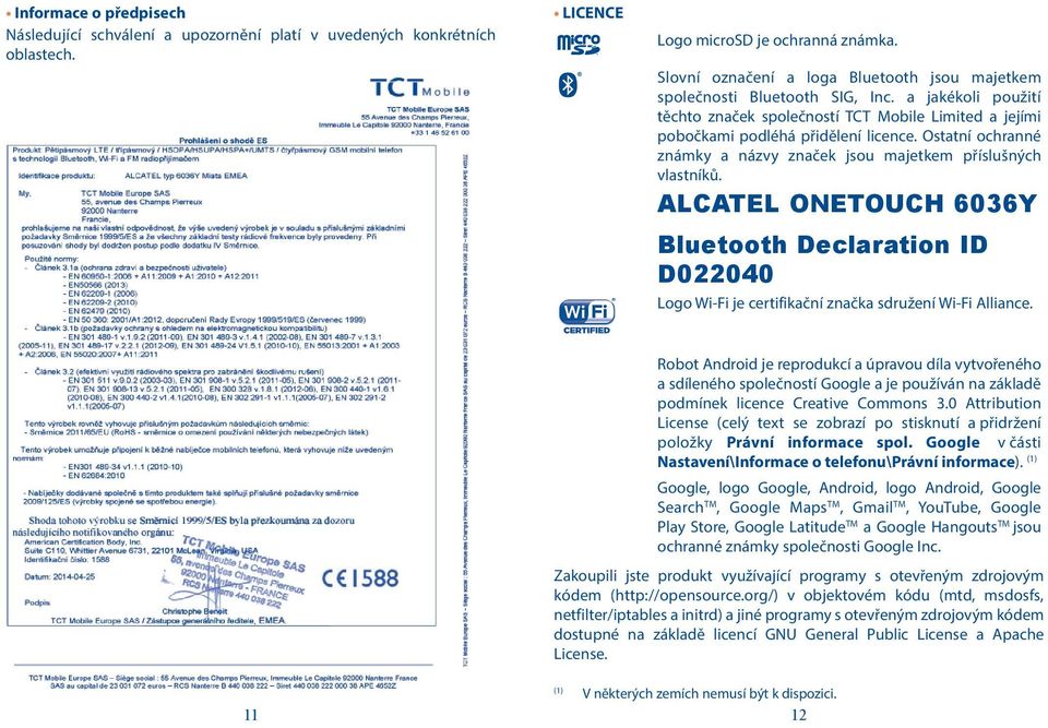 Ostatní ochranné známky a názvy značek jsou majetkem příslušných vlastníků. ALCATEL ONETOUCH 6036Y Bluetooth Declaration ID D022040 Logo Wi-Fi je certifikační značka sdružení Wi-Fi Alliance.