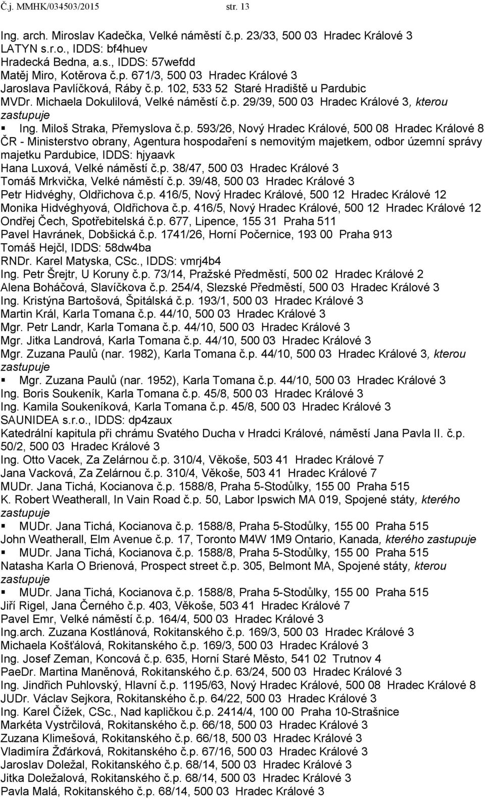 500 08 Hradec Králové 8 ČR - Ministerstvo obrany, Agentura hospodaření s nemovitým majetkem, odbor územní správy majetku Pardubice, IDDS: hjyaavk Hana Luxová, Velké náměstí č.p. 38/47, 500 03 Hradec Králové 3 Tomáš Mrkvička, Velké náměstí č.