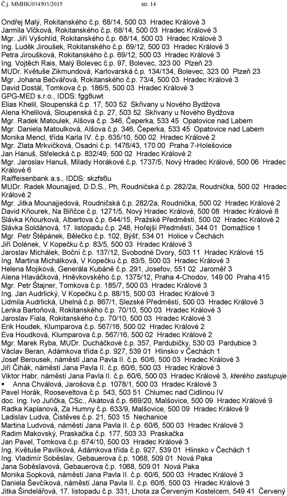 Květuše Zikmundová, Karlovarská č.p. 134/134, Bolevec, 323 00 Plzeň 23 Mgr. Johana Bečvářová, Rokitanského č.p. 73/4, 500 03 Hradec Králové 3 David Dostál, Tomkova č.p. 186/5, 500 03 Hradec Králové 3 GPG-MED s.