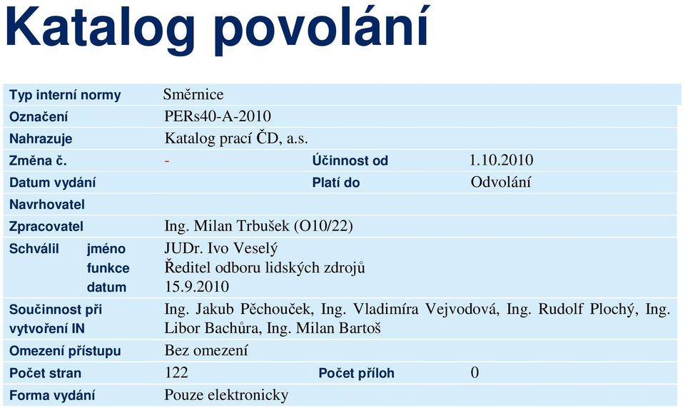 2010 Součinnost při vytvoření IN Ing. Jakub Pěchouček, Ing. Vladimíra Vejvodová, Ing. Rudolf Plochý, Ing. Libor Bachůra, Ing.