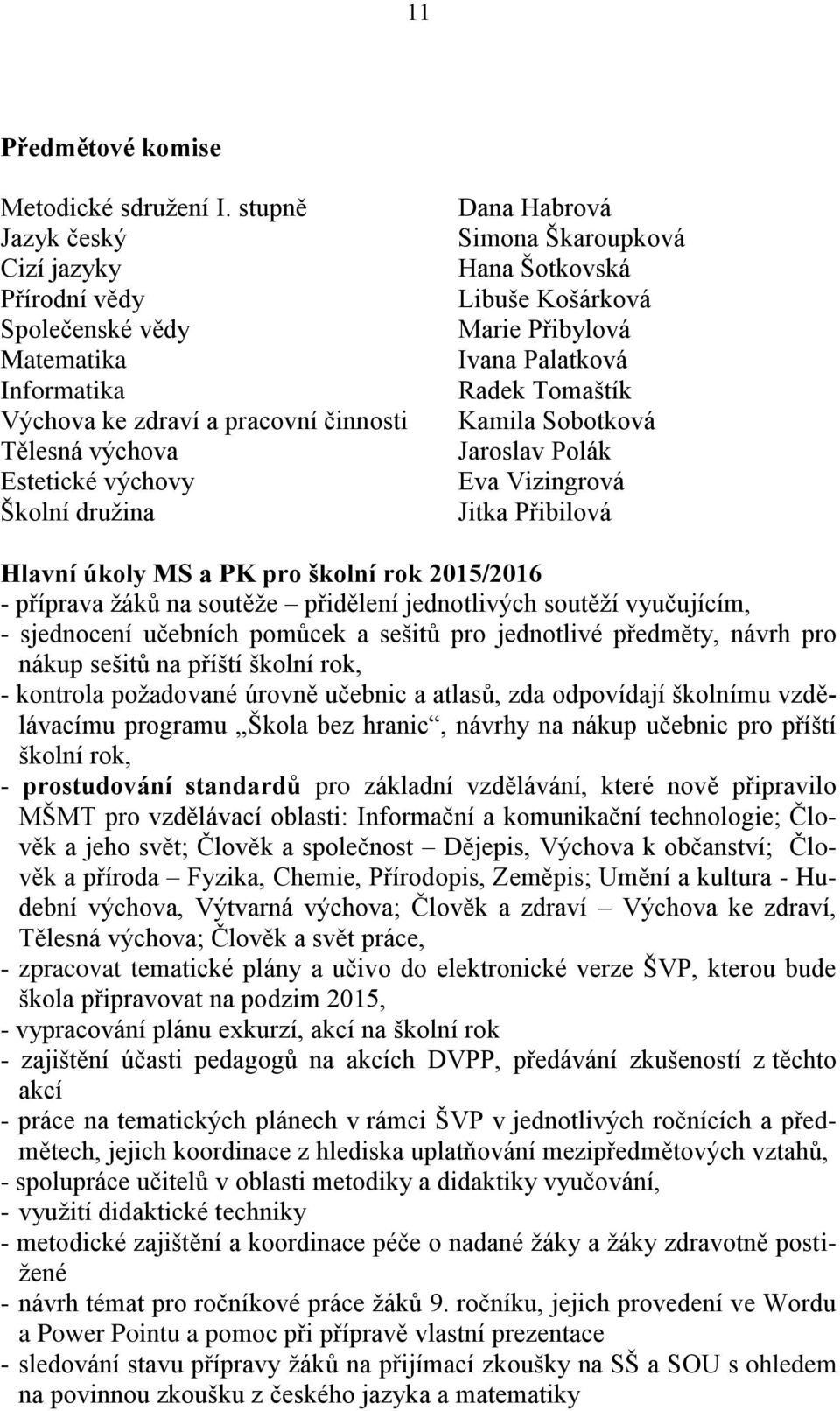 Škaroupková Hana Šotkovská Libuše Košárková Marie Přibylová Ivana Palatková Radek Tomaštík Kamila Sobotková Jaroslav Polák Eva Vizingrová Jitka Přibilová Hlavní úkoly MS a PK pro školní rok 2015/2016