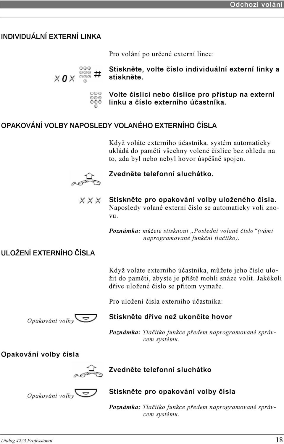 OPAKOVÁNÍ VOLBY NAPOSLEDY VOLANÉHO EXTERNÍHO ČÍSLA Když voláte externího účastníka, systém automaticky ukládá do paměti všechny volené číslice bez ohledu na to, zda byl nebo nebyl hovor úspěšně
