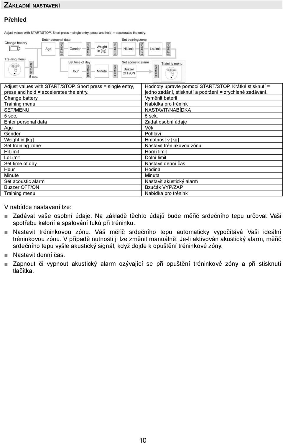 Enter personal data Zadat osobní údaje Age Věk Gender Pohlaví Weight in [kg] Hmotnost v [kg] Set training zone Nastavit tréninkovou zónu HiLimit Horní limit LoLimit Dolní limit Set time of day