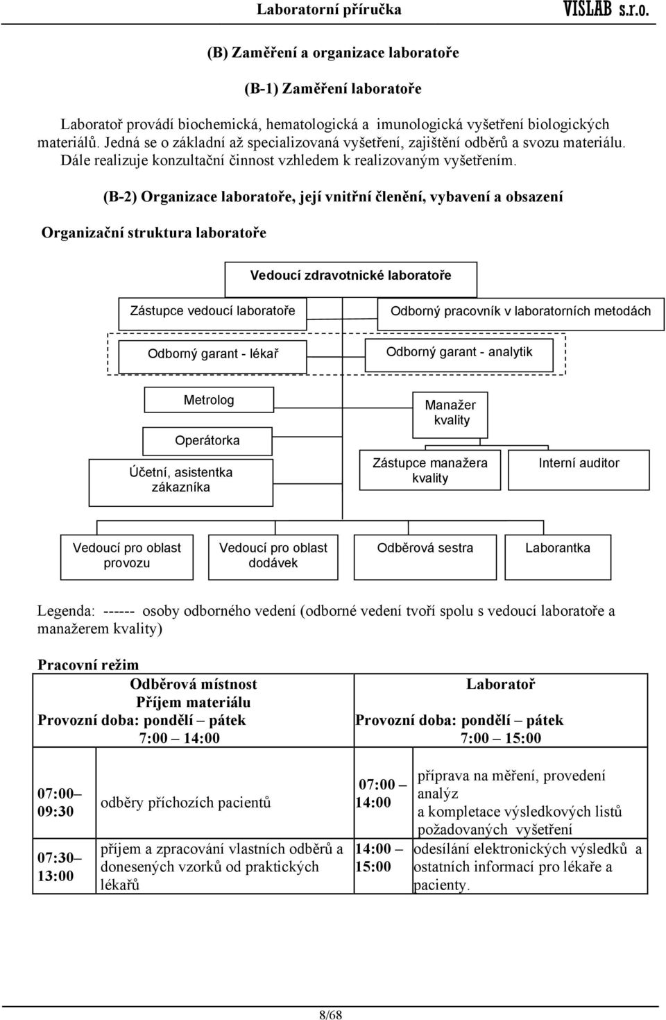 (B-2) Organizace laboratoře, její vnitřní členění, vybavení a obsazení Organizační struktura laboratoře Vedoucí zdravotnické laboratoře Zástupce vedoucí laboratoře Odborný pracovník v laboratorních