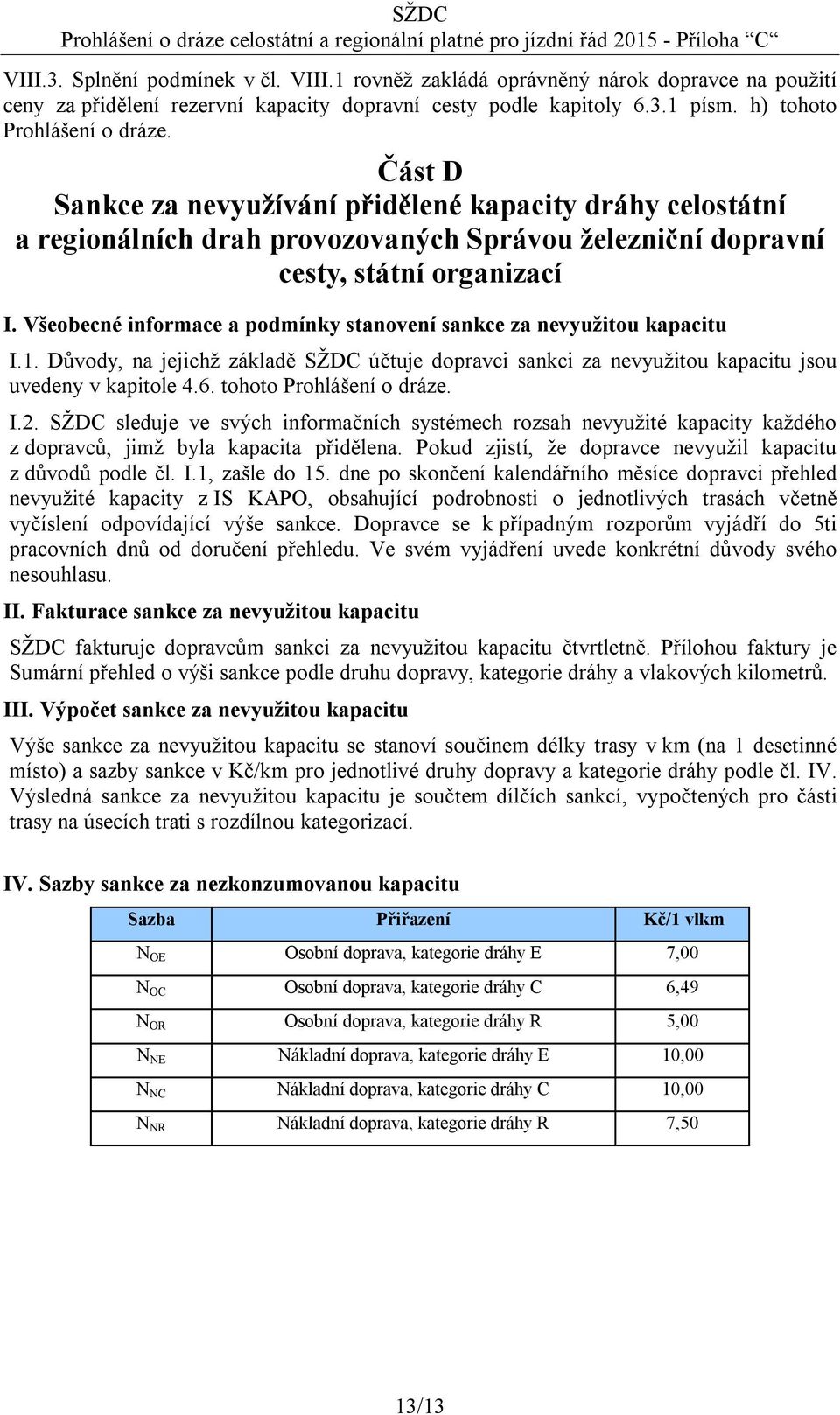 Všeobecné informace a podmínky stanovení sankce za nevyužitou kapacitu I.1. Důvody, na jejichž základě SŽDC účtuje dopravci sankci za nevyužitou kapacitu jsou uvedeny v kapitole 4.6.