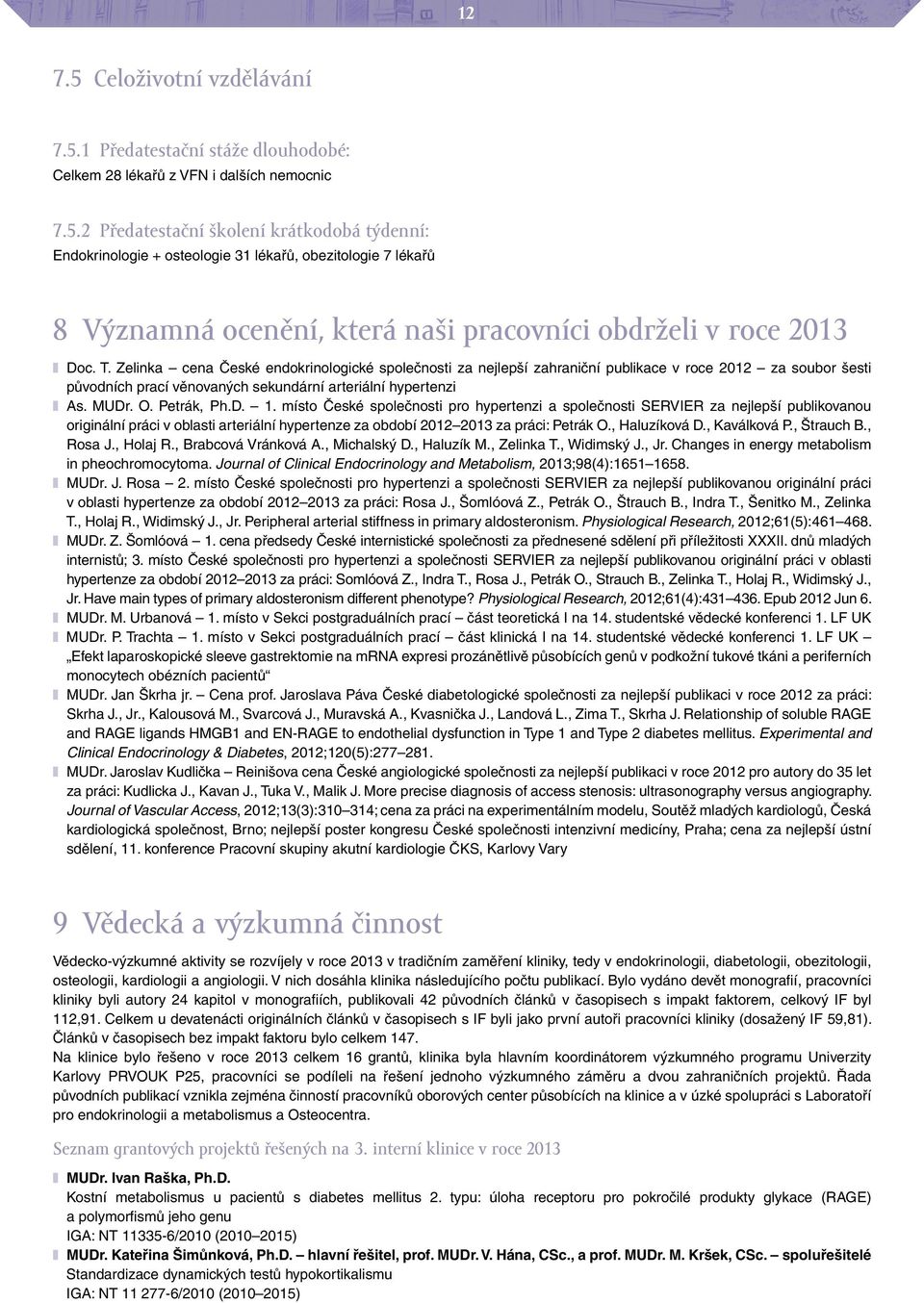 místo České společnosti pro hypertenzi a společnosti SERVIER za nejlepší publikovanou originální práci v oblasti arteriální hypertenze za období 2012 2013 za práci: Petrák O., Haluzíková D.