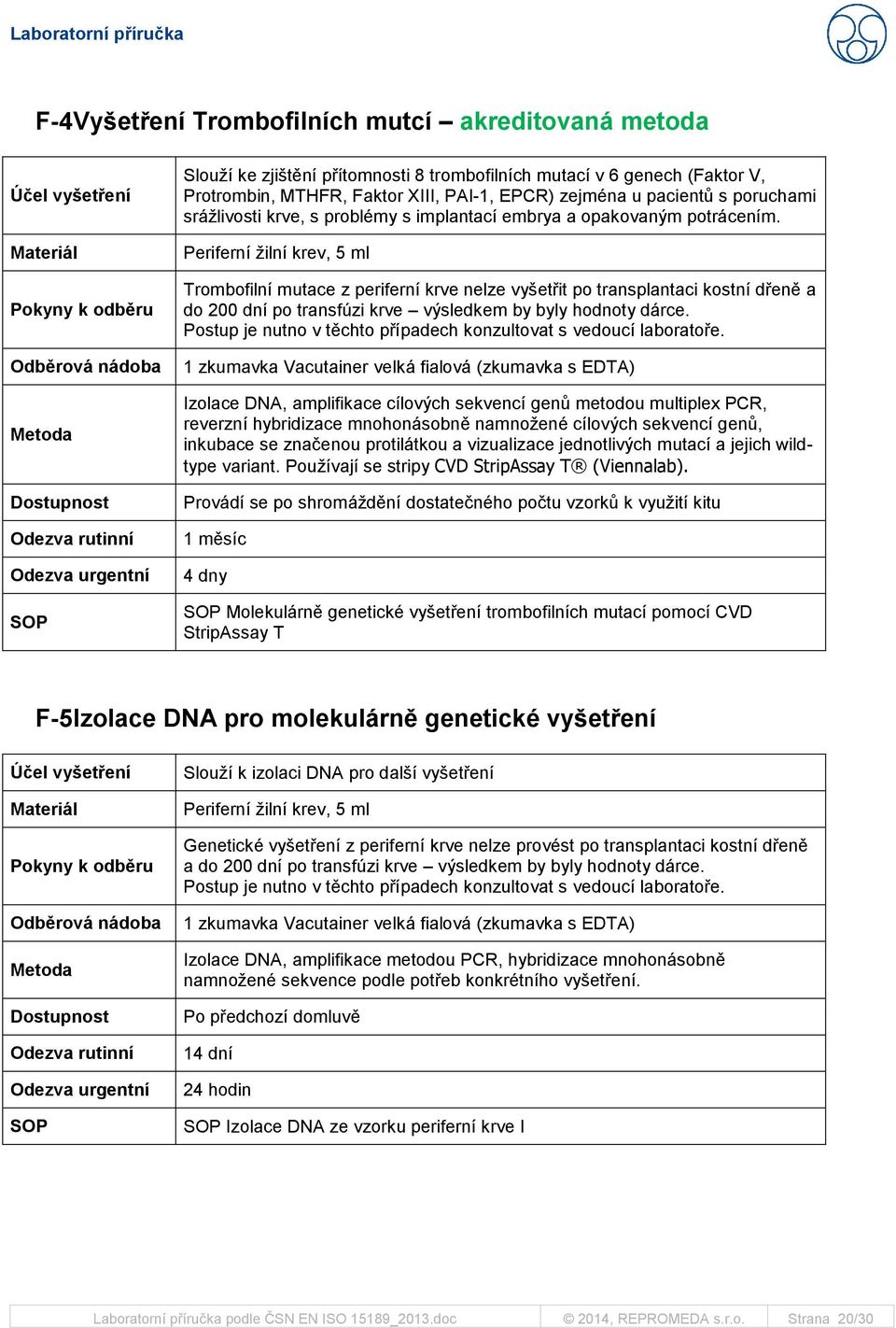 Periferní žilní krev, 5 ml Trombofilní mutace z periferní krve nelze vyšetřit po transplantaci kostní dřeně a do 200 dní po transfúzi krve výsledkem by byly hodnoty dárce.