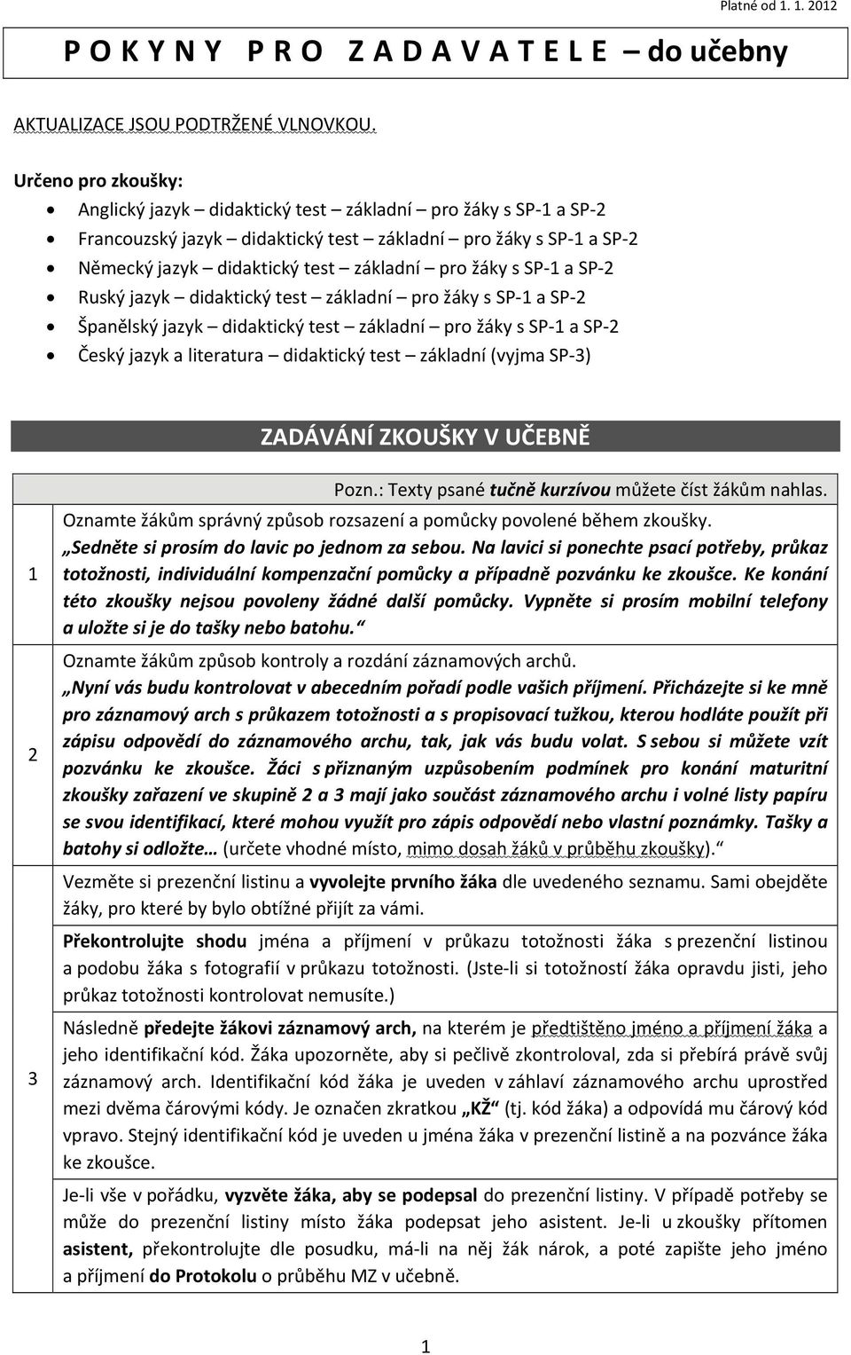 SP 1 a SP 2 Ruský jazyk didaktický test základní pro žáky s SP 1 a SP 2 Španělský jazyk didaktický test základní pro žáky s SP 1 a SP 2 Český jazyk a literatura didaktický test základní (vyjma SP 3)