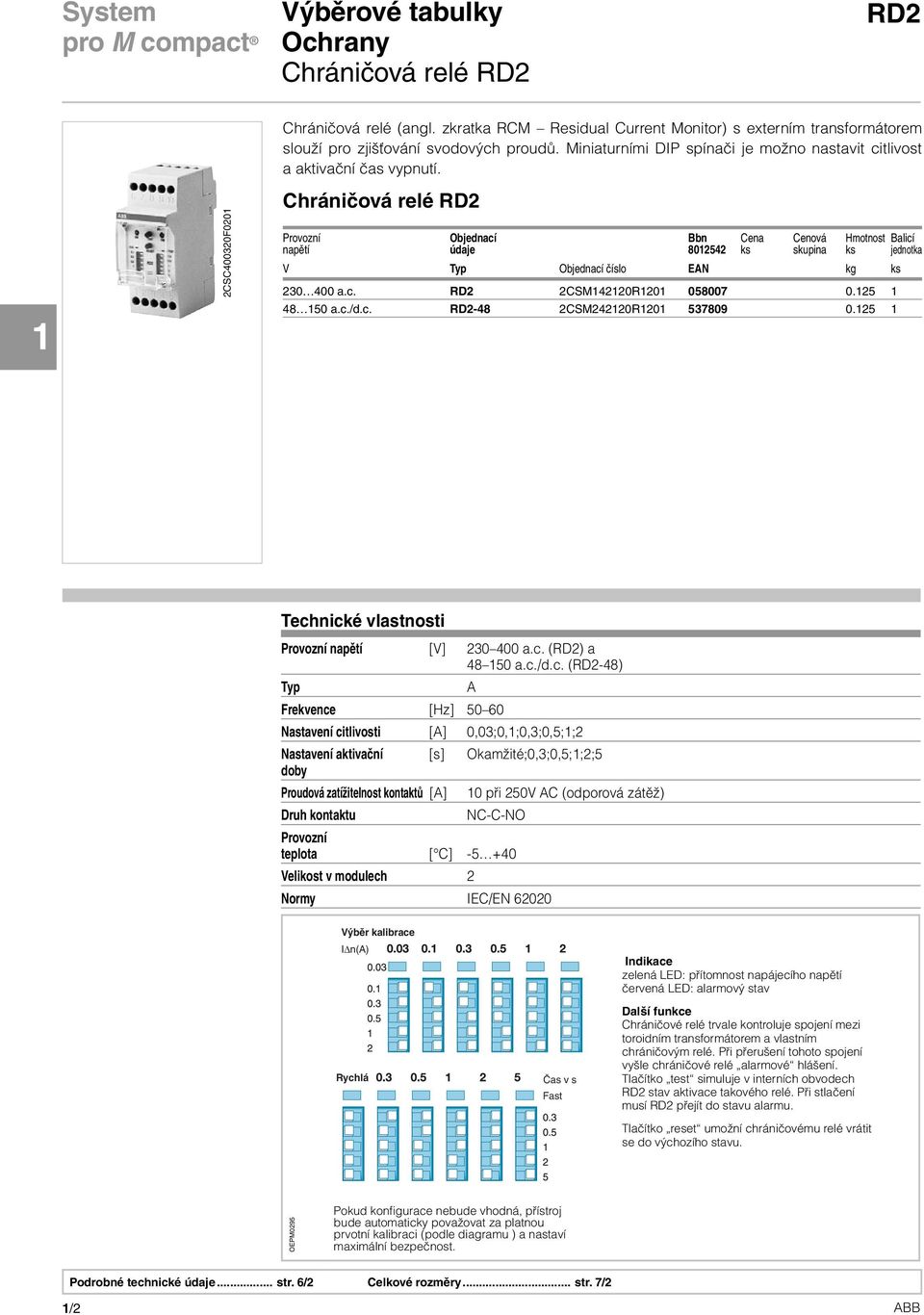 Chráničová relé RD2 Provozní Objednací Bbn Cena Cenová Hmotnost Balicí napětí údaje 8012542 ks skupina ks jednotka V Typ Objednací číslo EAN kg ks 230 400 a.c. RD2 2CSM142120R1201 058007 0.