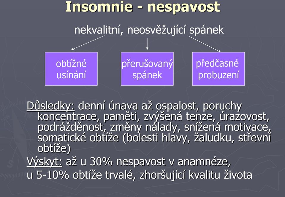 úrazovost, podrážděnost, změny nálady, snížená motivace, somatické obtíže (bolesti hlavy,