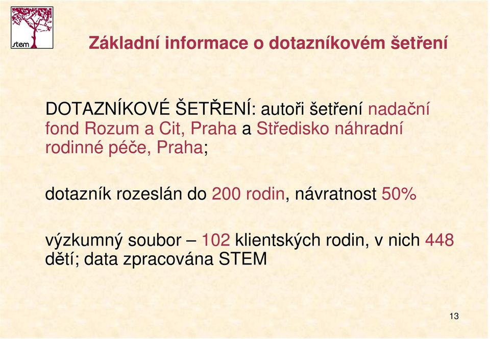 péče, Praha; dotazník rozeslán do 200 rodin, návratnost 50% výzkumný