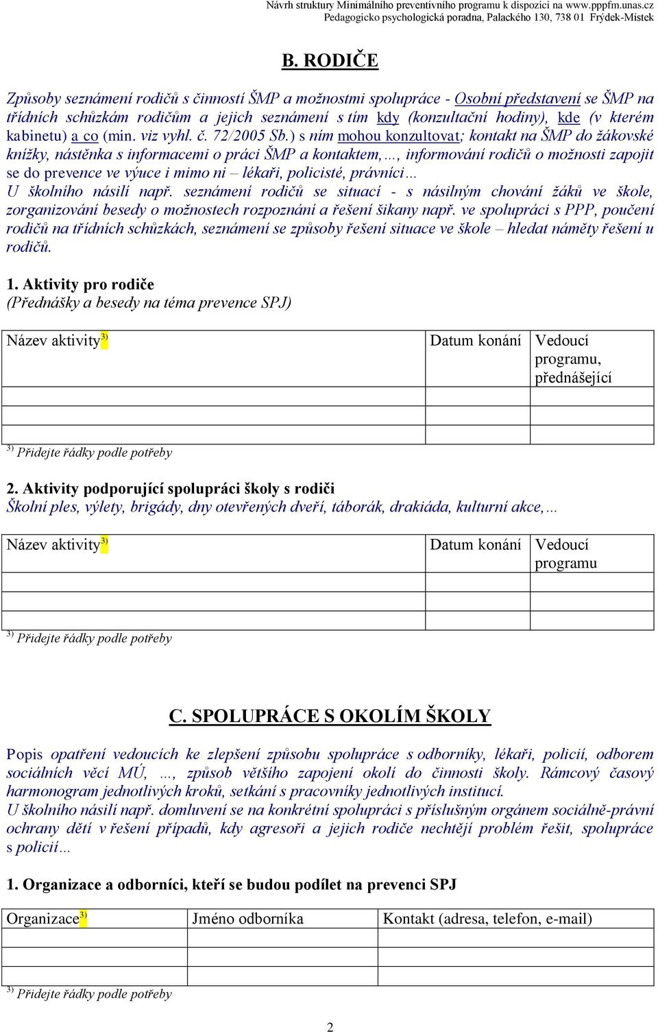 ) s ním mohou konzultovat; kontakt na ŠMP do žákovské knížky, nástěnka s informacemi o práci ŠMP a kontaktem,, informování rodičů o možnosti zapojit se do prevence ve výuce i mimo ni lékaři,