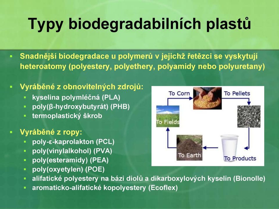 (PHB) termoplastický škrob Vyráběné z ropy: poly-ε-kaprolakton (PCL) poly(vinylalkohol) (PVA) poly(esteramidy) (PEA)