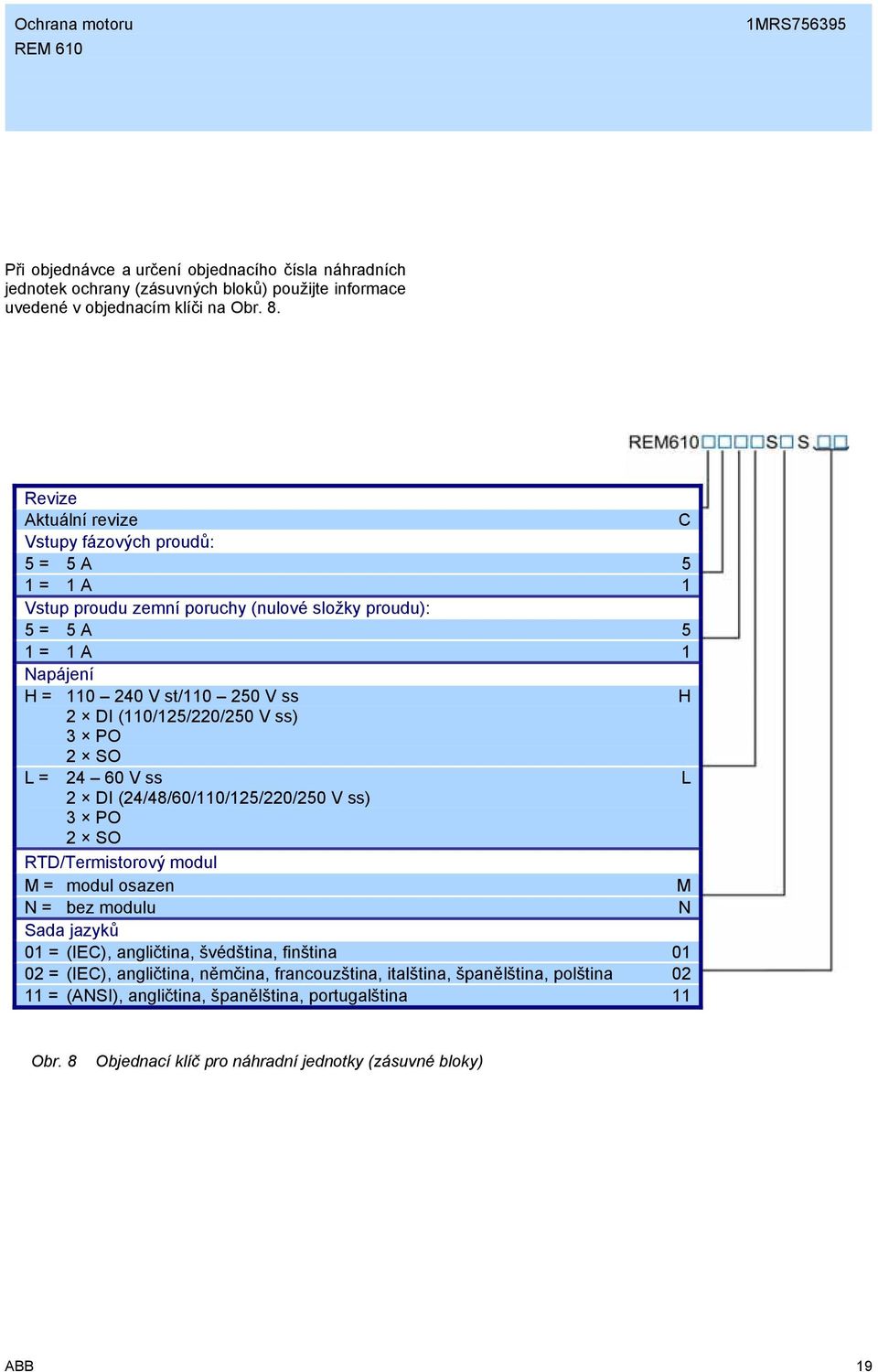 (110/125/220/250 V ss) 3 PO 2 SO L = 24 60 V ss L 2 DI (24/48/60/110/125/220/250 V ss) 3 PO 2 SO RTD/Termistorový modul M = modul osazen M N = bez modulu N Sada jazyků 01 = (IEC),