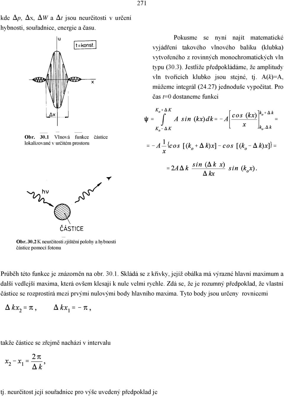 Jestliže předpokládáme, že amplitudy vln tvořících klubko jsou stejné, tj. A(k)=A, můžeme integrál (24.27) jednoduše vypočítat. Pro čas t=0 dostaneme funkci Obr. 30.