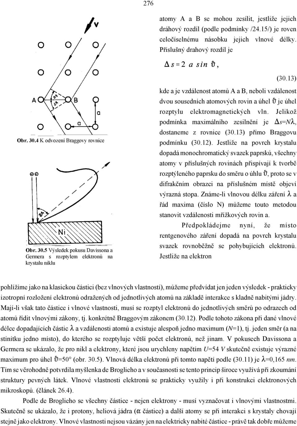 5 Výsledek pokusu Davissona a Germera s rozptylem elektronů na krystalu niklu kde a je vzdálenost atomů A a B, neboli vzdálenost dvou sousedních atomových rovin a úhel je úhel rozptylu