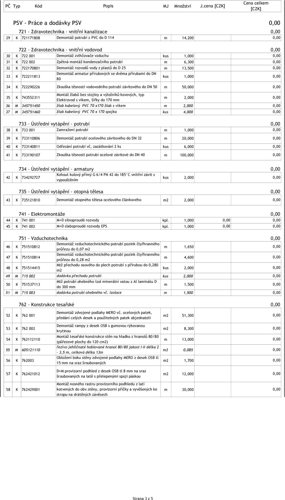 722 001 Demontáž zvlhčovače vzduchu kus 1,000 31 K 722 002 Zpětná montáž kondenzačního potrubí m 6,300 32 K 722170801 Demontáž rozvodů vody z plastů do D 25 m 13,500 33 K 722211813 Demontáž armatur