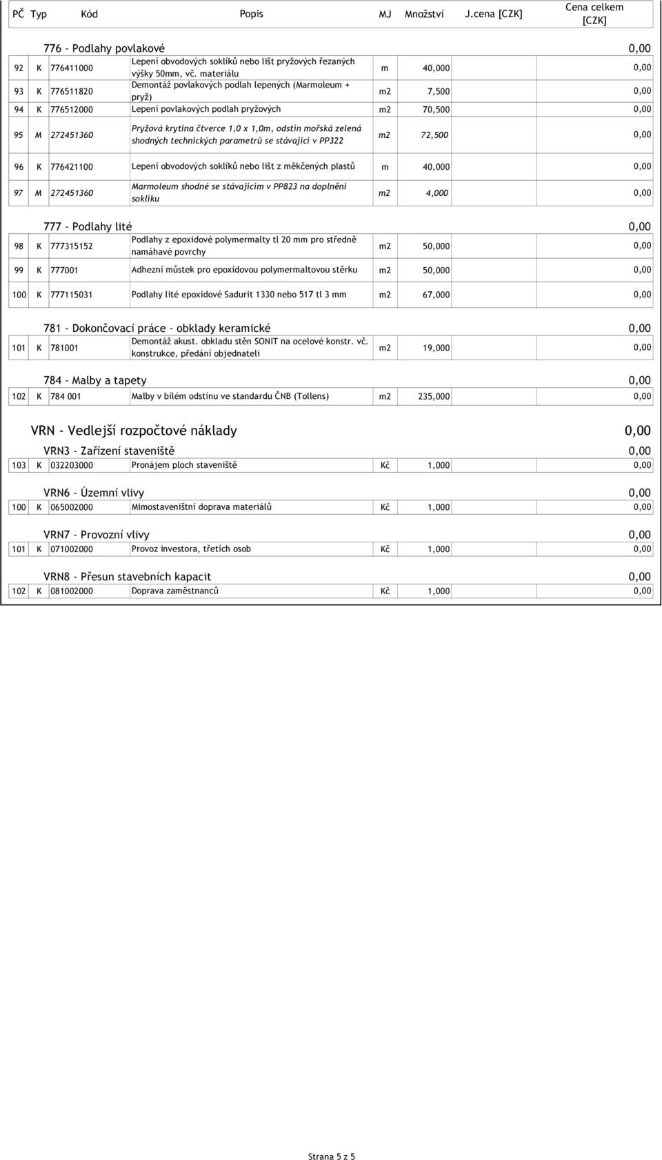 x 1,0m, odstín mořská zelená shodných technických parametrů se stávající v PP322 m2 72,500 96 K 776421100 Lepení obvodových soklíků nebo lišt z měkčených plastů m 40 Marmoleum shodné se stávajícím v