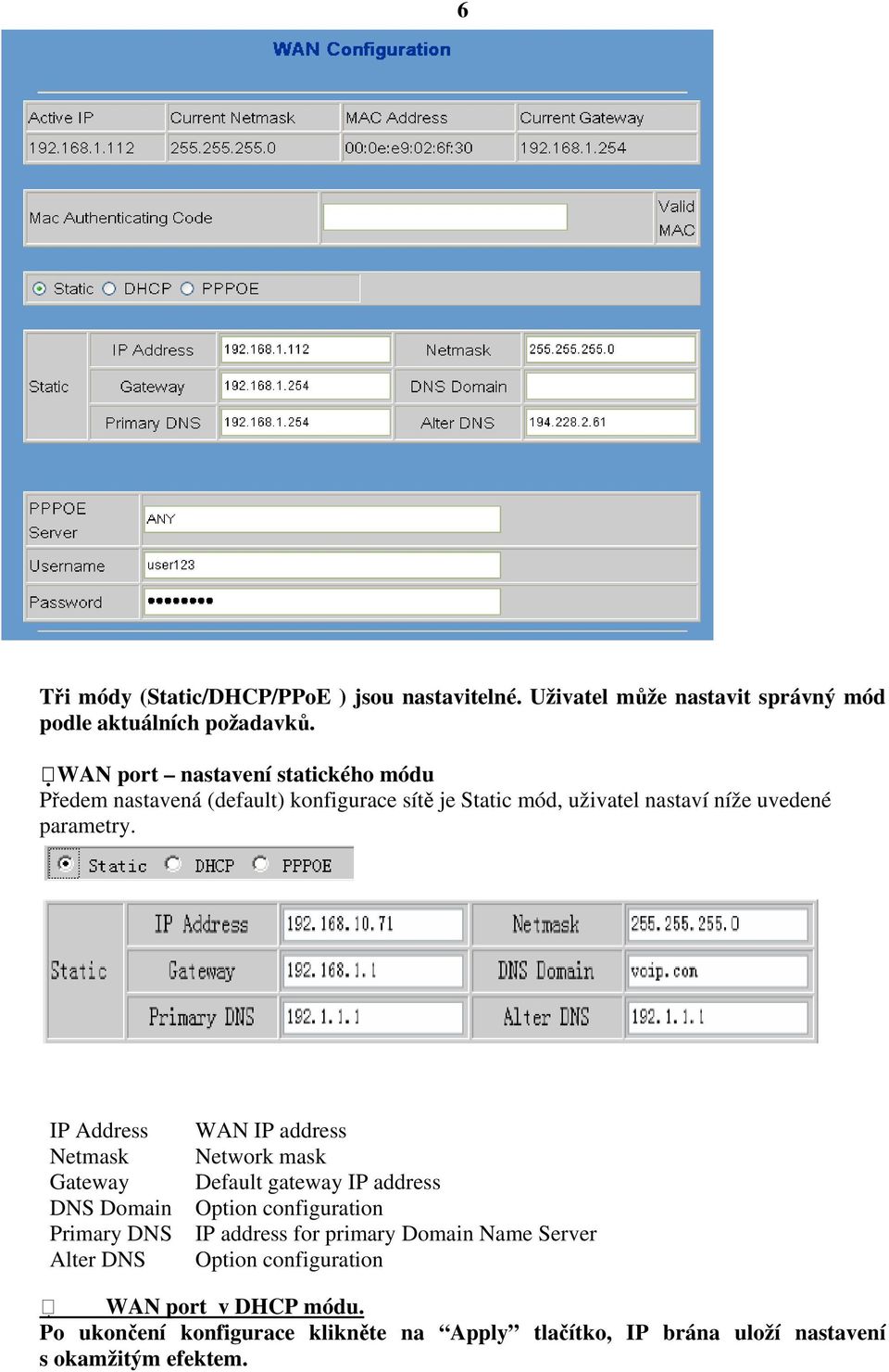 IP Address Netmask Gateway DNS Domain Primary DNS Alter DNS WAN IP address Network mask Default gateway IP address Option configuration IP