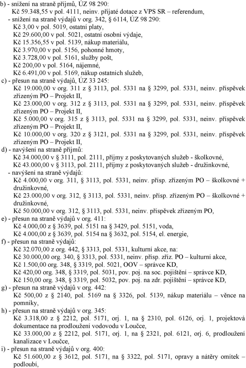 5161, služby pošt, Kč 200,00 v pol. 5164, nájemné, Kč 6.491,00 v pol. 5169, nákup ostatních služeb, c) - přesun na straně výdajů, ÚZ 33 245: Kč 19.000,00 v org. 311 z 3113, pol. 5331 na 3299, pol.