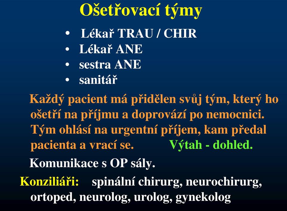 Tým ohlásí na urgentní příjem, kam předal pacienta a vrací se. Výtah - dohled.