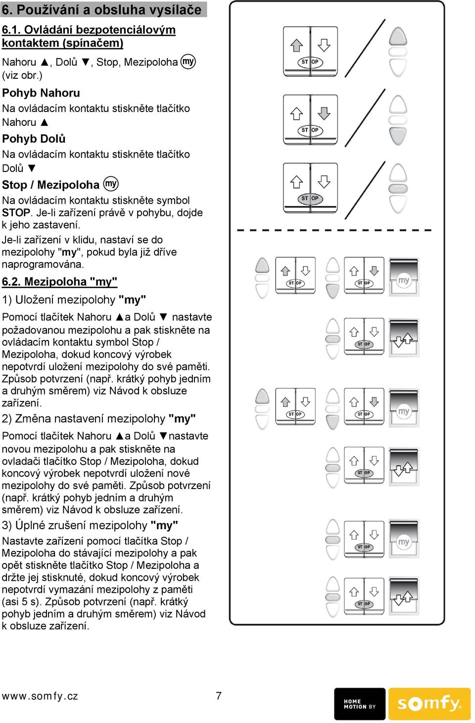 Je-li zařízení právě v pohybu, dojde k jeho zastavení. Je-li zařízení v klidu, nastaví se do mezipolohy "my", pokud byla již dříve naprogramována. 6.2.
