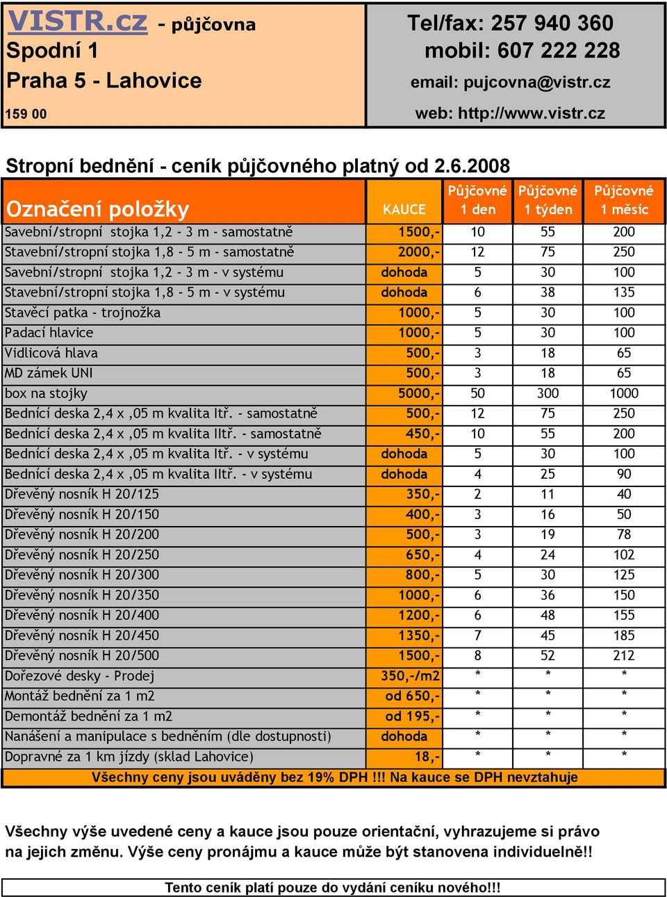 100 Stavební/stropní stojka 1,8-5 m - v systému dohoda 6 38 135 Stavěcí patka - trojnožka 1000,- 5 30 100 Padací hlavice 1000,- 5 30 100 Vidlicová hlava 500,- 3 18 65 MD zámek UNI 500,- 3 18 65 box