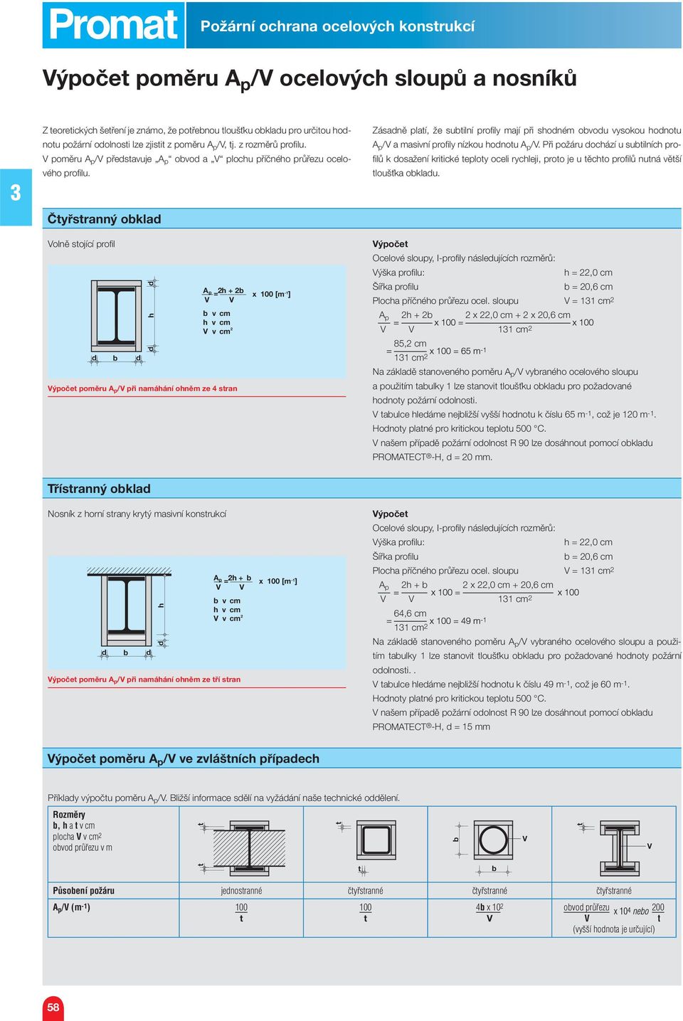 Čyřsranný obkla Volně sojící profi l b h Výpoče poměru A p /V při namáhání ohněm ze sran A p = h + b - x 00 [m ] V V b v cm h v cm V v cm Zásaně plaí, že subilní profi ly mají při shoném obvou