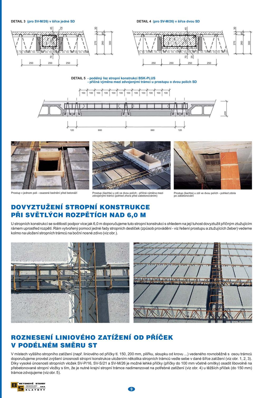 zdvojenými trámci (pohled zhora před zabetonováním) Prostup (šachta) u zdi ve dvou polích - pohled zdola po zabetonování DOVYZTUŽENÍ STROPNÍ KONSTRUKCE PŘI SVĚTLÝCH ROZPĚTÍCH NAD 6,0 M U stropních
