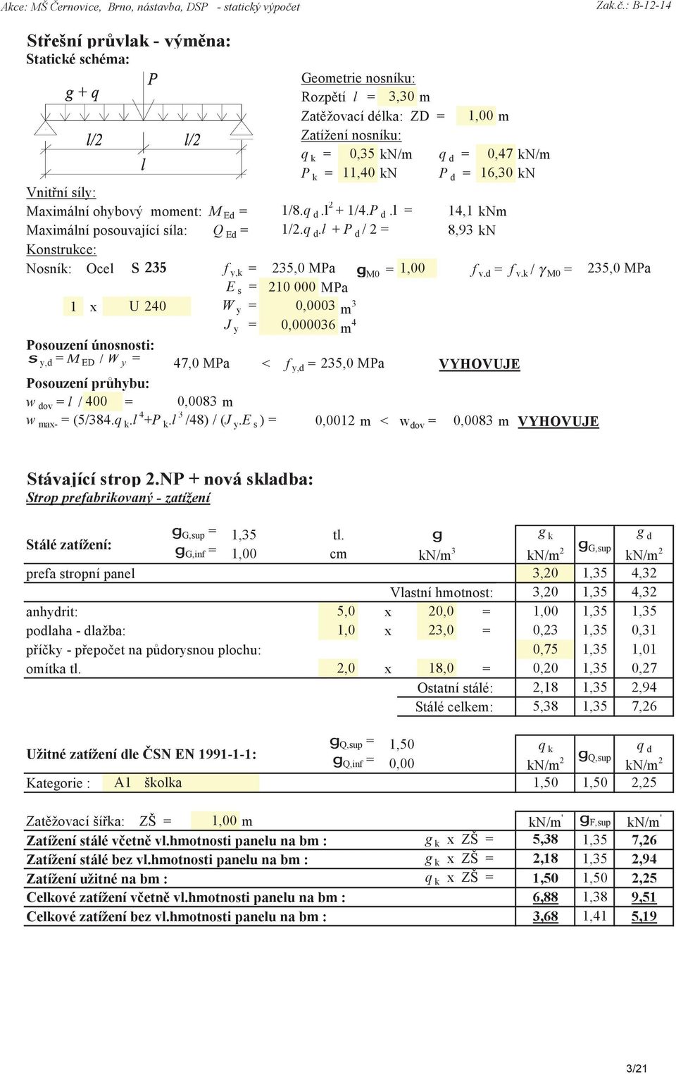 : B-12-14 Střešní průvlak - výměna: Statické schéma: Geometrie nosníku: Rozpětí l = 3,30 m Zatěžovací délka: ZD = 1,00 m Zatížení nosníku: q k = 0,35 kn/m q d = 0,47 kn/m P k = 11,40 kn P d = 16,30