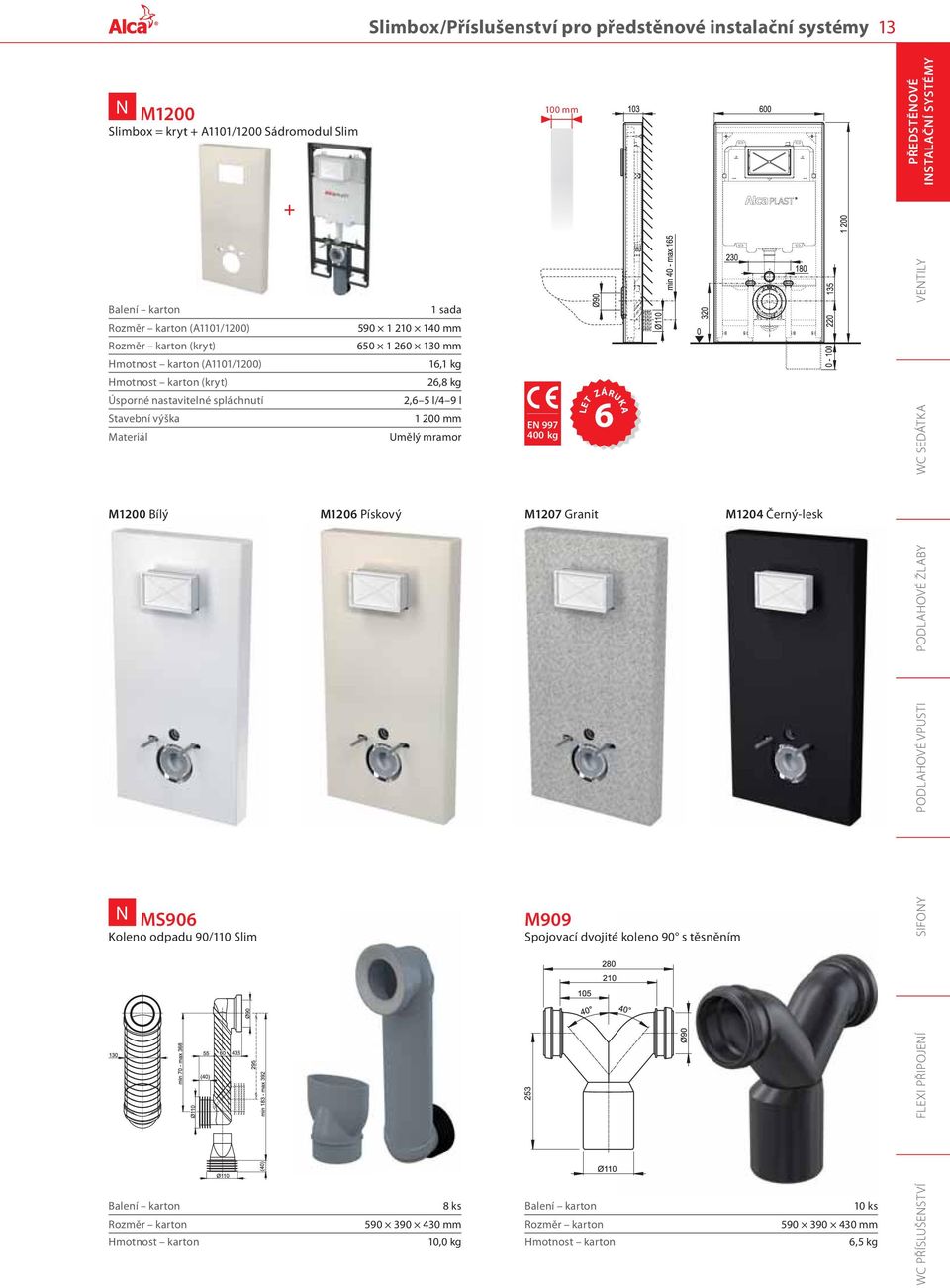 2,6 5 l/4 9 l 1 200 mm Umělý mramor EN 997 400 kg M1200 Bílý M1206 Pískový M1207 Granit M1204 Černý-lesk N MS906 Koleno odpadu 90/110 Slim 8 ks 10,0 kg