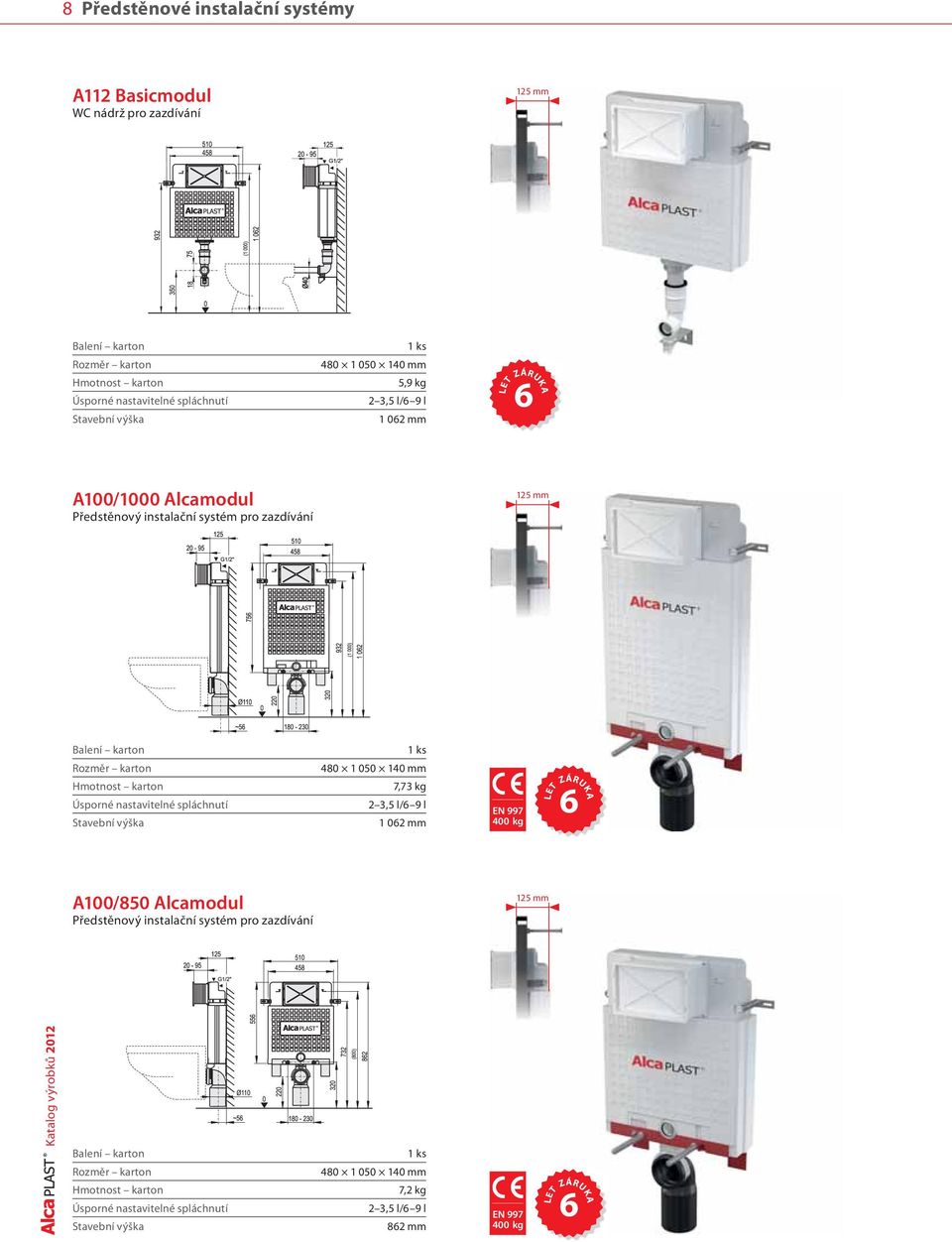 Stavební výška 480 1 050 140 mm 7,73 kg 2 3,5 l/6 9 l 1 062 mm EN 997 400 kg LET ZÁRUKA 6 A100/850 Alcamodul Předstěnový instalační systém pro