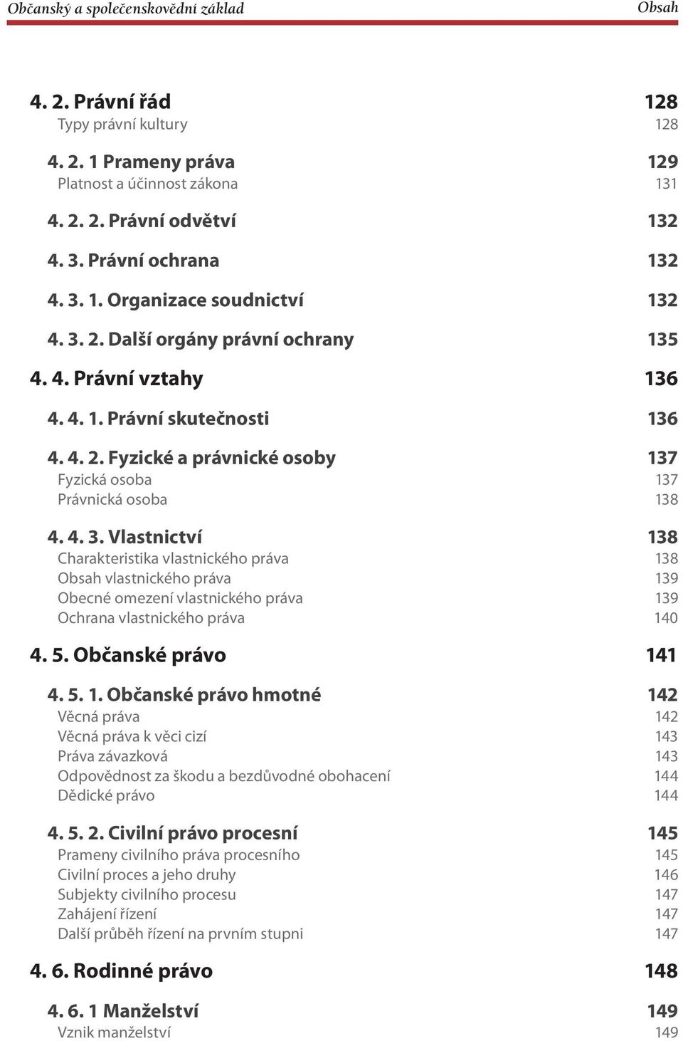 Vlastnictví 138 Charakteristika vlastnického práva 138 vlastnického práva 139 Obecné omezení vlastnického práva 139 Ochrana vlastnického práva 140 4. 5. Občanské právo 141 4. 5. 1. Občanské právo hmotné 142 Věcná práva 142 Věcná práva k věci cizí 143 Práva závazková 143 Odpovědnost za škodu a bezdůvodné obohacení 144 Dědické právo 144 4.