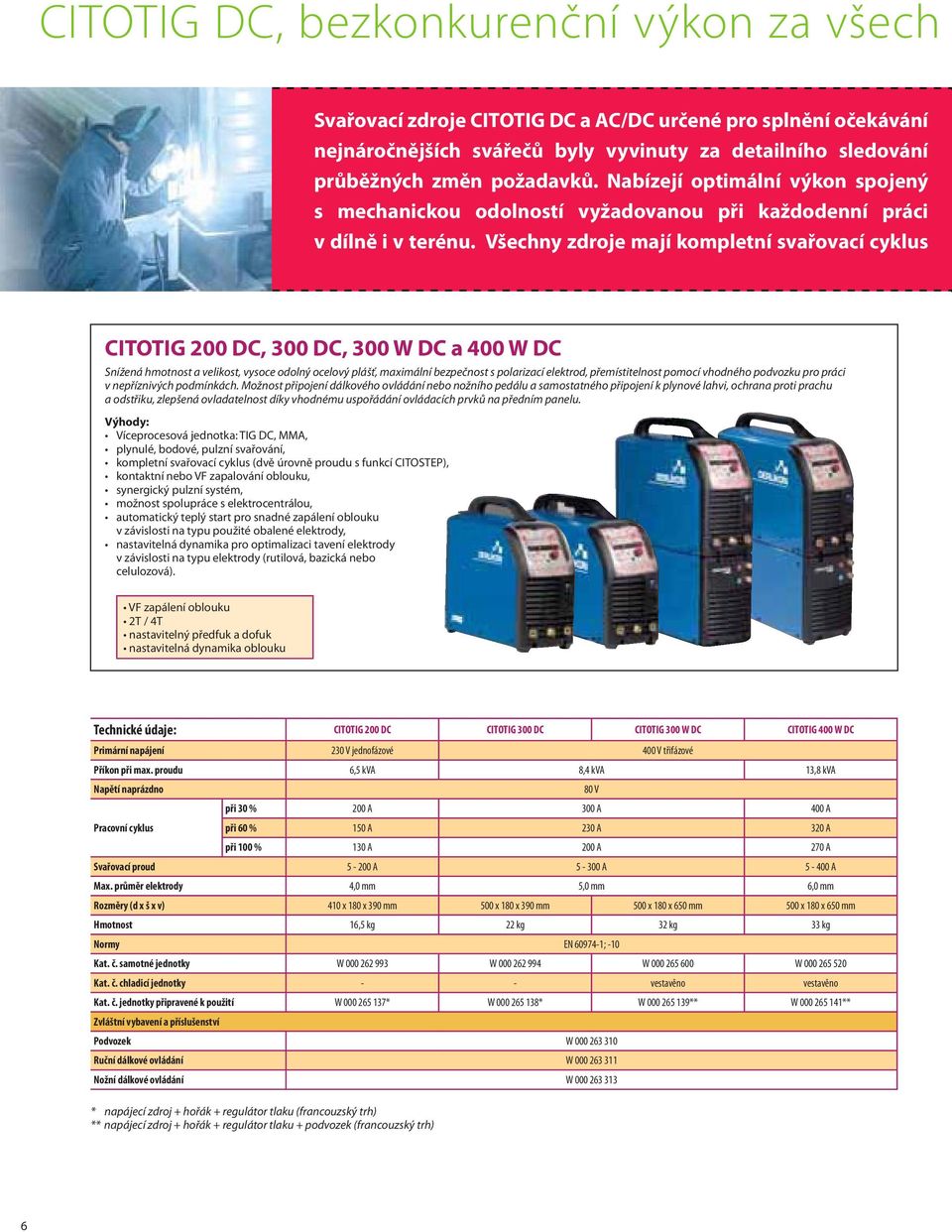 Všechny zdroje mají kompletní svařovací cyklus CITOTIG 200 DC, 00 DC, 00 W DC a 00 W DC Snížená hmotnost a velikost, vysoce odolný ocelový plášť, maximální bezpečnost s polarizací elektrod,