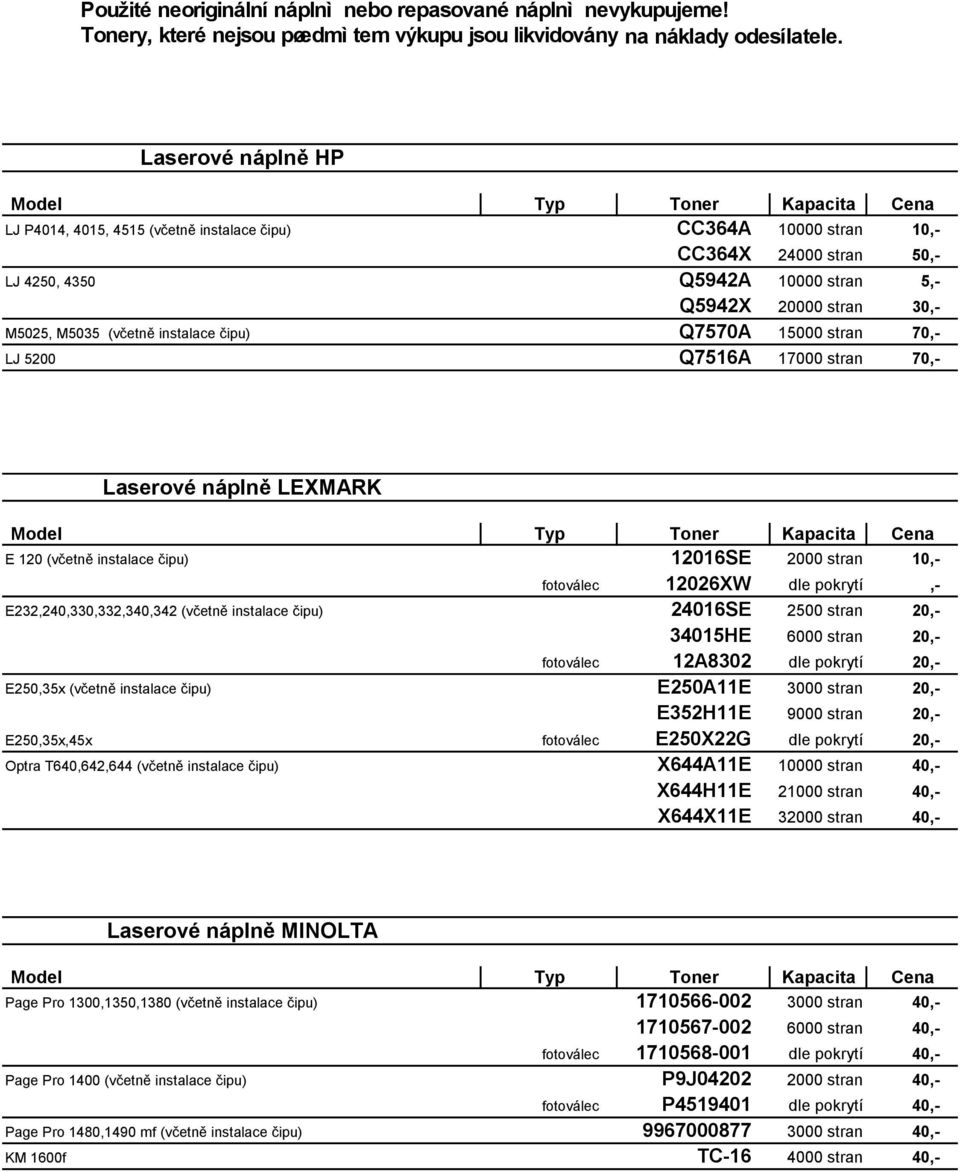 E232,240,330,332,340,342 (včetně instalace čipu) 24016SE 2500 stran 20,- 34015HE 6000 stran 20,- fotoválec 12A8302 dle pokrytí 20,- E250,35x (včetně instalace čipu) E250A11E 3000 stran 20,- E352H11E