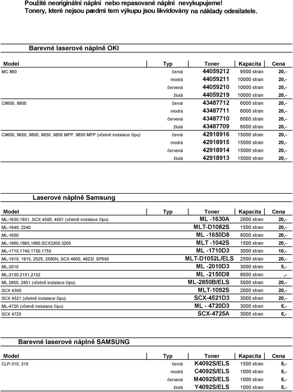 stran 20,- modrá 42918915 15000 stran 20,- červená 42918914 15000 stran 20,- žlutá 42918913 15000 stran 20,- Laserové náplně Samsung ML-1630,1631, SCX 4500, 4501 (včetně instalace čipu) ML -1630A