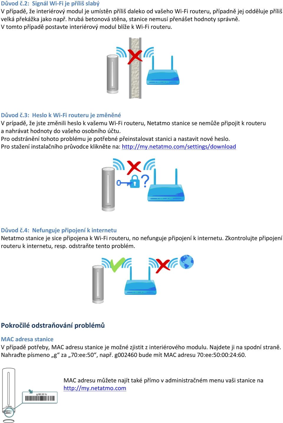 3: Heslo k Wi- Fi routeru je změněné V prípadě, že jste změnili heslo k vašemu Wi- Fi routeru, Netatmo stanice se nemůže připojit k routeru a nahrávat hodnoty do vašeho osobního účtu.