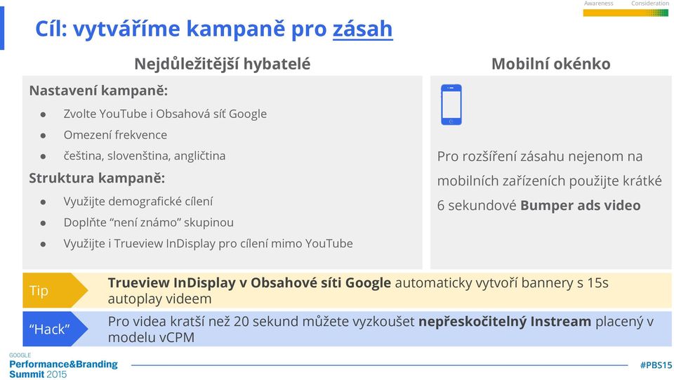 pro cílení mimo YouTube Pro rozšíření zásahu nejenom na mobilních zařízeních použijte krátké 6 sekundové Bumper ads video Tip Trueview InDisplay v Obsahové