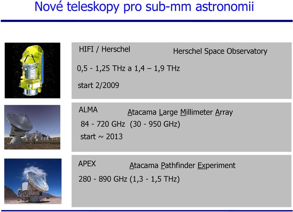 Atacama Large Millimeter Array 84-720 GHz (30-950 GHz) start ~