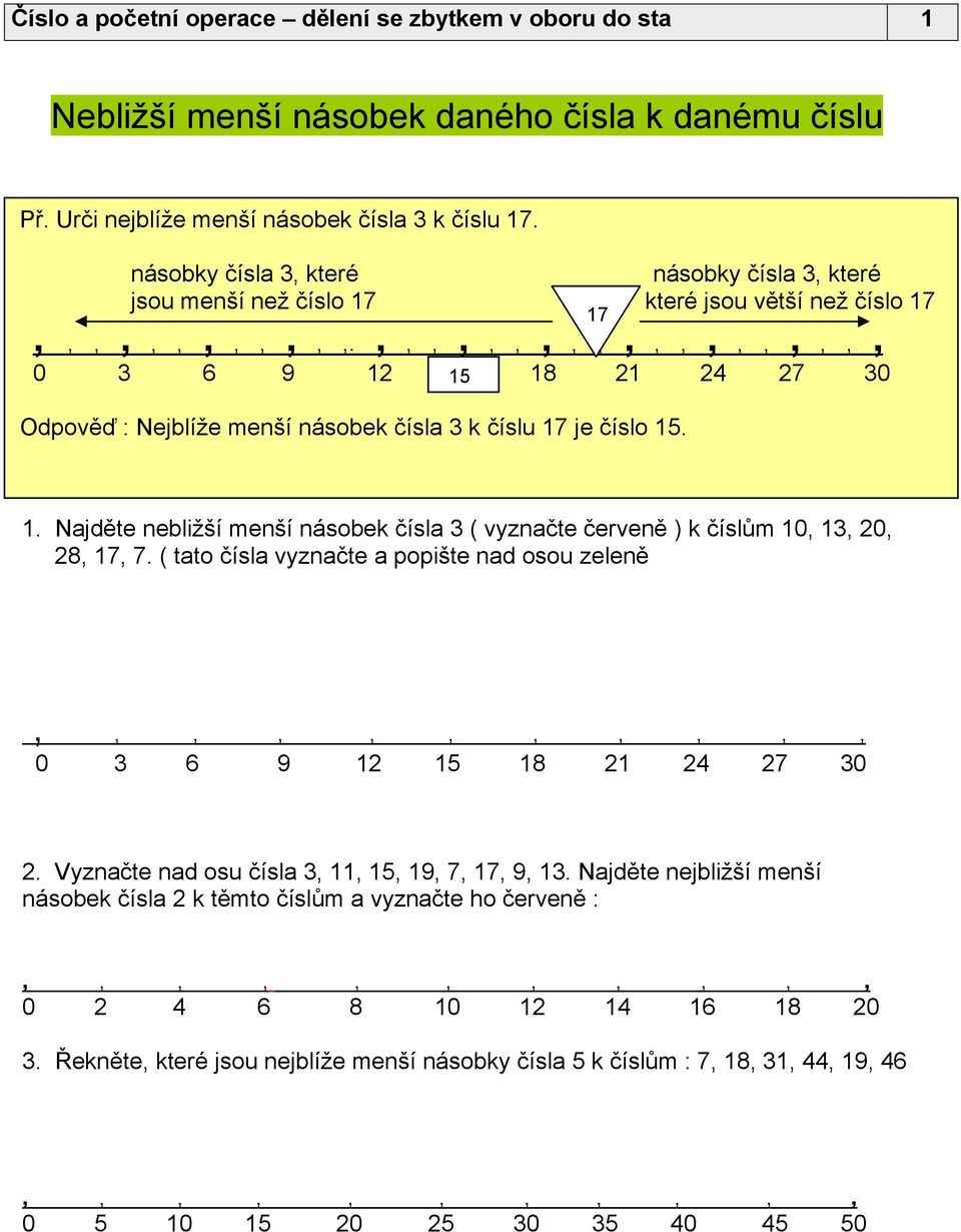 ( tato čísla vyznačte a popište nad osou zeleně 3 0 6 9 12 15 18 21 24 27 30 2. Vyznačte nad osu čísla 3 11 15 19 7 17 9 13.