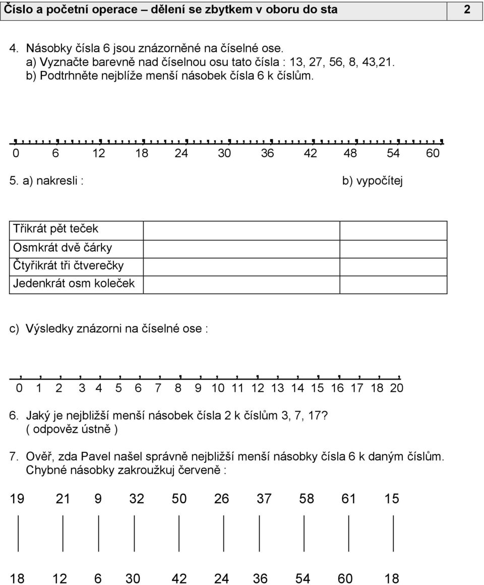 a) nakresli : 48 54 60 b) vypočítej Třikrát pět teček Osmkrát dvě čárky Čtyřikrát tři čtverečky Jedenkrát osm koleček c) Výsledky znázorni na číselné ose : 0 1 2 3 4 5 6 7 8 9 10